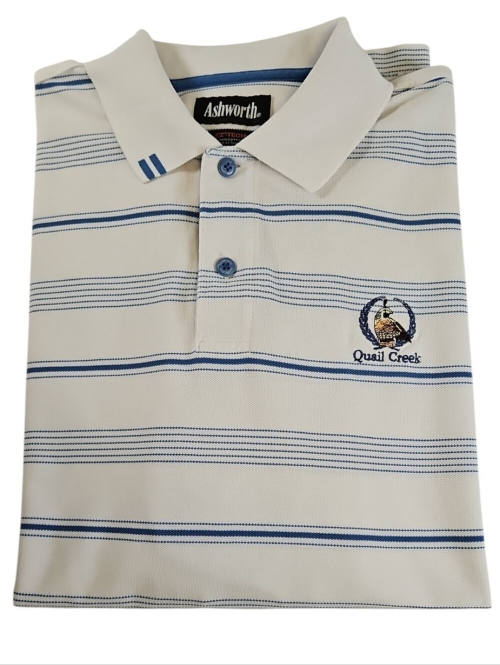Ashworth White Golf  Polo with Blue Stripes, Quail Creek Naples FL, Size L